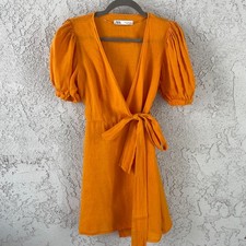 Zara 100% Linen Orange Wrap Dress Short Sleeve Puff Sleeve Midi Size Small