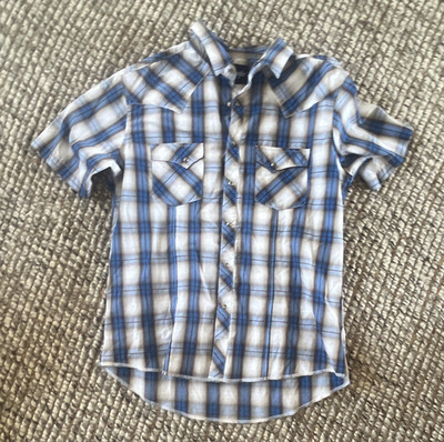 Wrangler Men s Shirt XL Blue White Plaid Button-Up Short Sleeve Pockets MV6276M