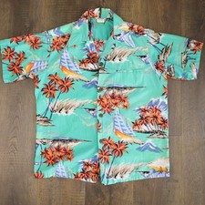 Vintage 1960s Teal Blue Palm Tree Sailboat Hawaiian Shirt 100 Cotton Sz Small