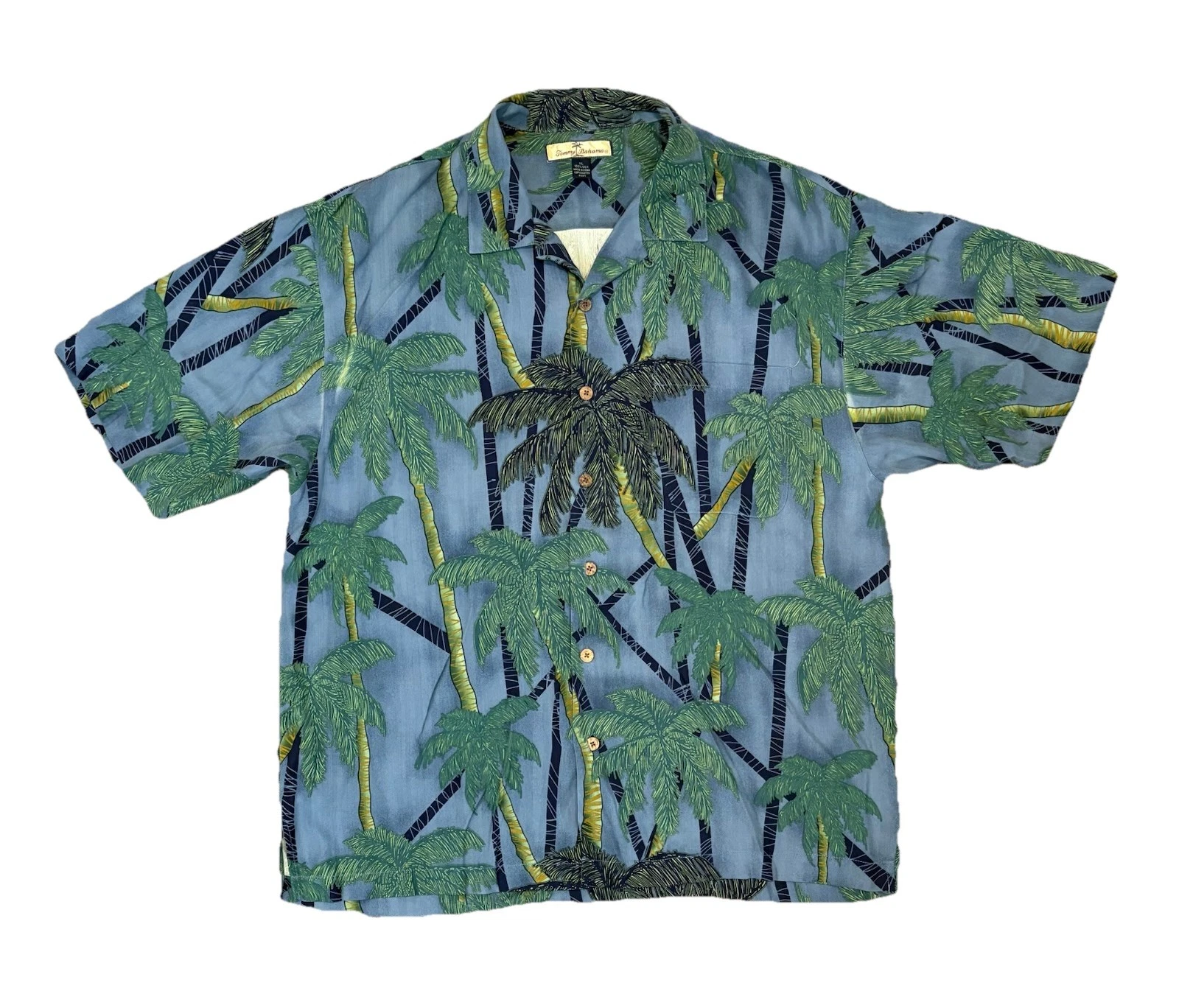 Tommy Bahama Camp Shirt Mens XL Blue Green 100% Silk Palm Trees Loop Collar