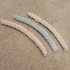 Lot /3 Vintage Satin Covered Fabric Padded Clothes Hangers White Pink Blue 15  