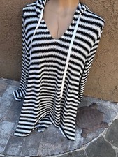 La Blanca Black White Striped Knit Hooded Cover-up Long Sleeve Tunic Top Sz L