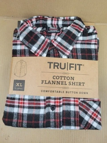 NWT TRU|FIT Men's Cotton Flannel Shirt Red Grey Black Plaid Button Down image 2