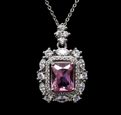 Birthstone Wife Pink Gemstone Necklace Fashion Jewelry Family Gift Box HB101