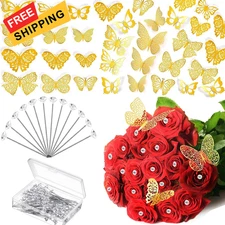 148 Pcs Bouquet Corsages Pins for Flower and 3D Gold Butterfly Gold, Clear 