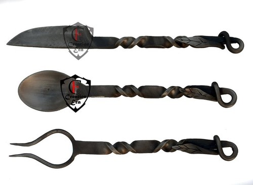 Juego de cubiertos medievales cuchara de hierro forjado a mano, cuchillo y tenedor utensilios fiesta vikinga - Imagen 2 de 8