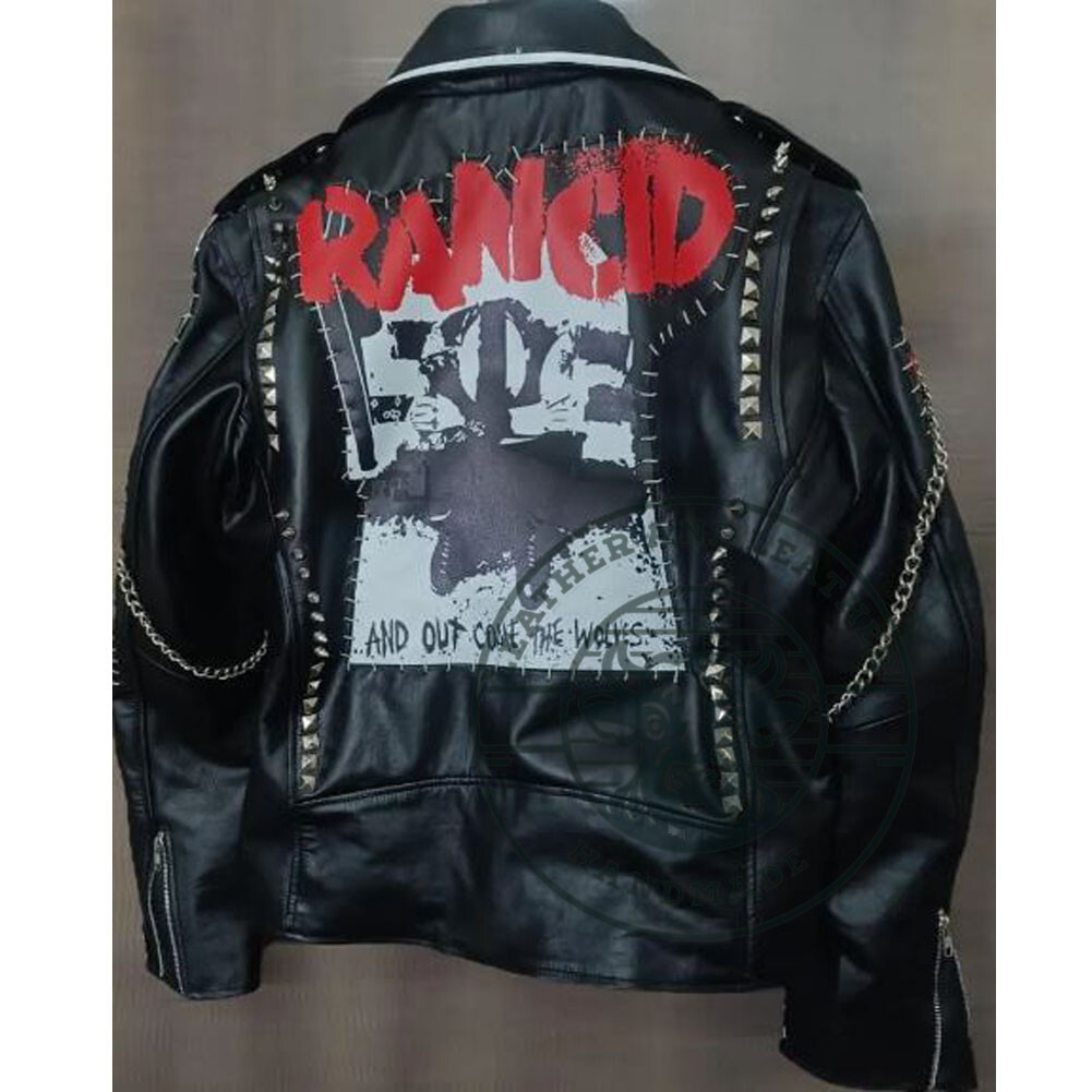 Rebel Punk Handmade Studded Leather Jacket with Rancid Patch, Pins & Buckles