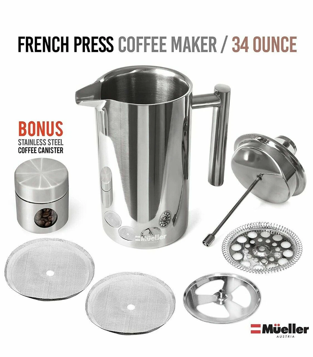 Mueller French Press Coffee Maker. Double Insulated 310 Stainless Steel 34  Oz.