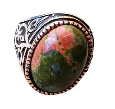 UNAKITE JASPER GEMSTONE 925 STERLING SILVER OTTOMAN TURKISH HEAVY MENS RING