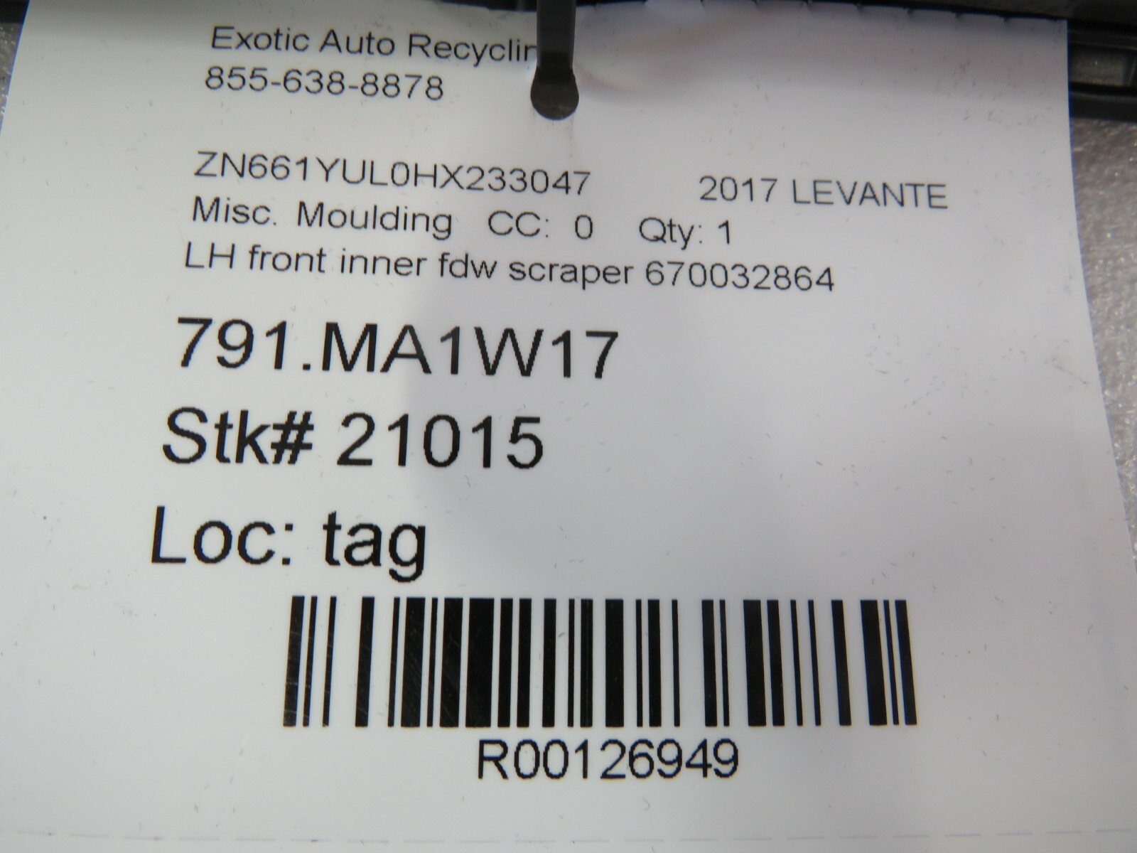 Maserati Levante, LH, Left, Front Inner Door Glass Scraper, Used, P/N 67003286