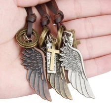 Men Vintage Fashion Angel Feather Pendant Adjustable Leather Rope Chain Necklace