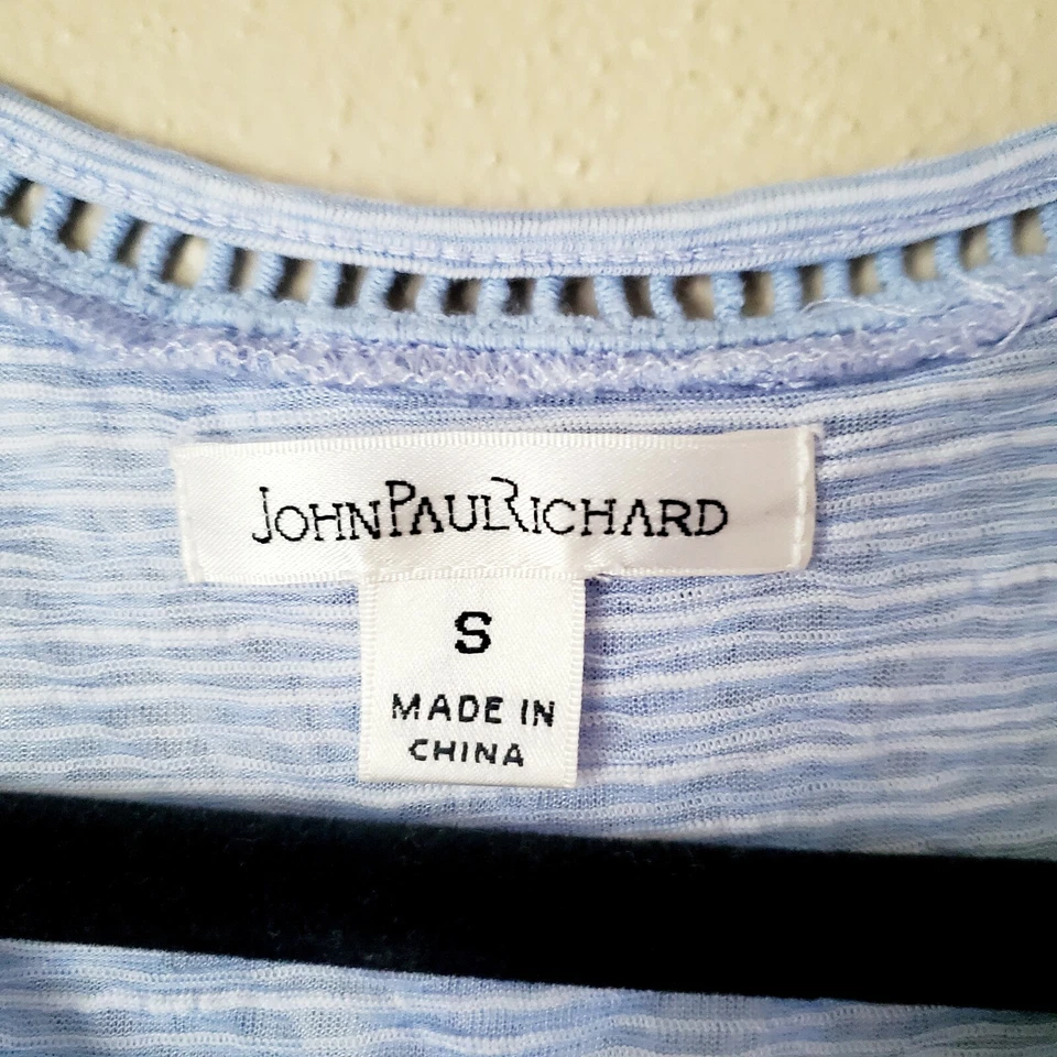 John Paul Richard Blue Striped Faux Wrap Ruffled 3/4 Sleeve Pullover Top Small - Image 3 of 4