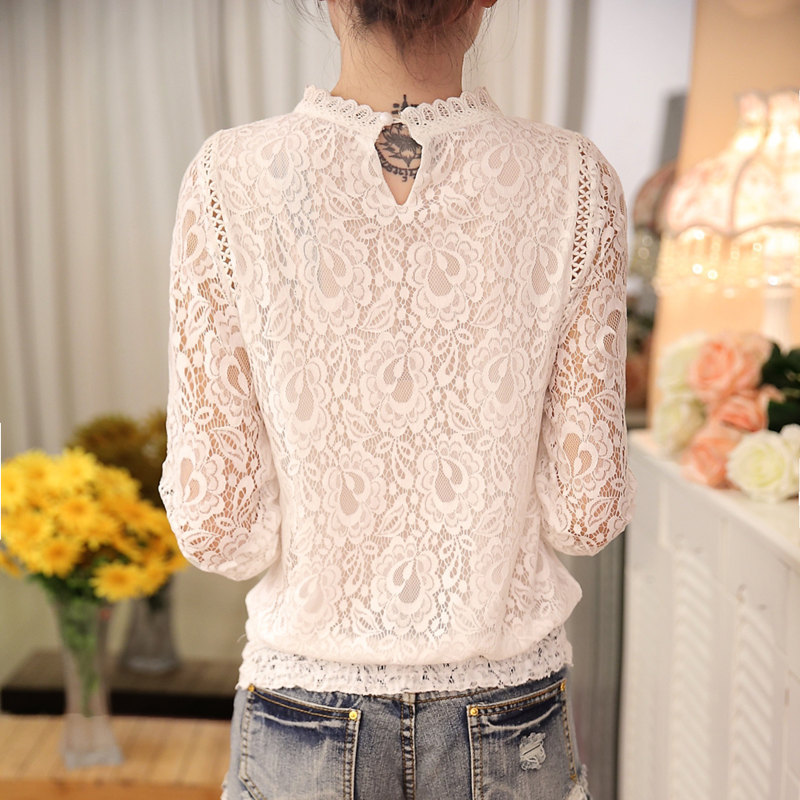 Women Semi Sheer Embroidery Floral Lace Crochet Double Layer T