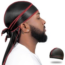 Silky Durag for Men Wave Cap Satin Dorag for Men Women 360 Wave Black with R...