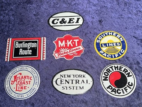 7x VINTAGE 1950's TIN MINI POST CEREAL RAILROAD ADVERTISING TRAIN RR SIGN SET