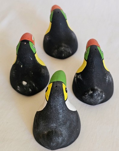 Mexican Terra Cotta Pottery Toucan Birds Hand Painted Folk Art Set Of Four - Picture 4 of 5