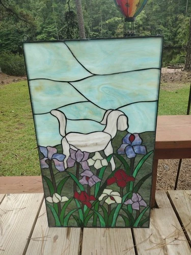 Vintage Tiffany Style Stained Glass Panel Window 20x34" Dog Flower Garden