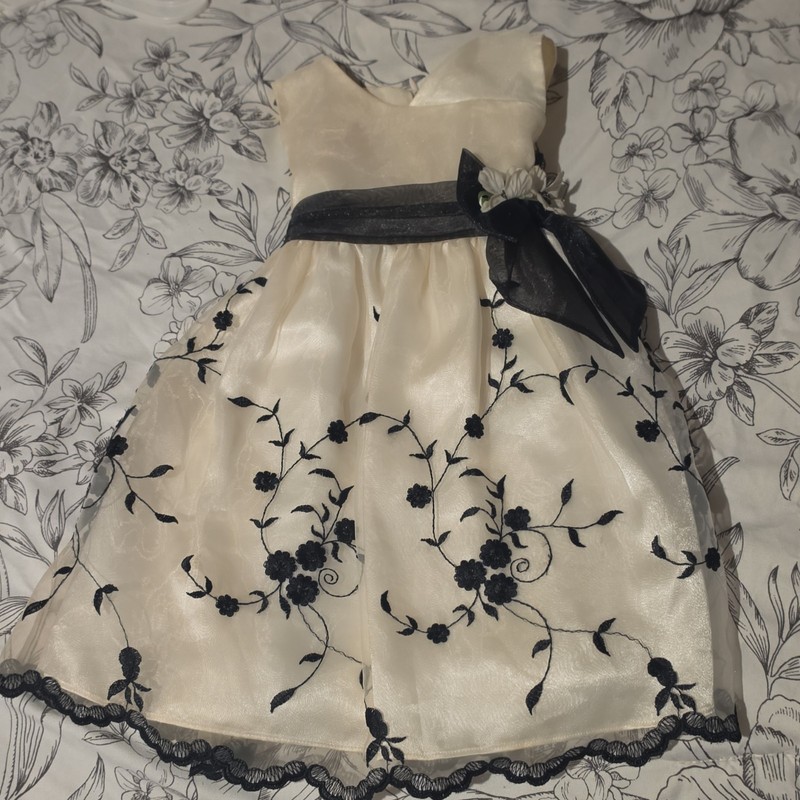 Girls Ivory & Black Floral Embroidered Organza Formal Flower Girl Dress Size 18m