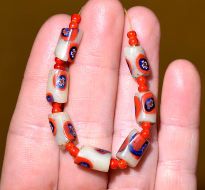 Antique Venetian White Italian Millefiori Beads W/ Murrine X Cane, African Trade