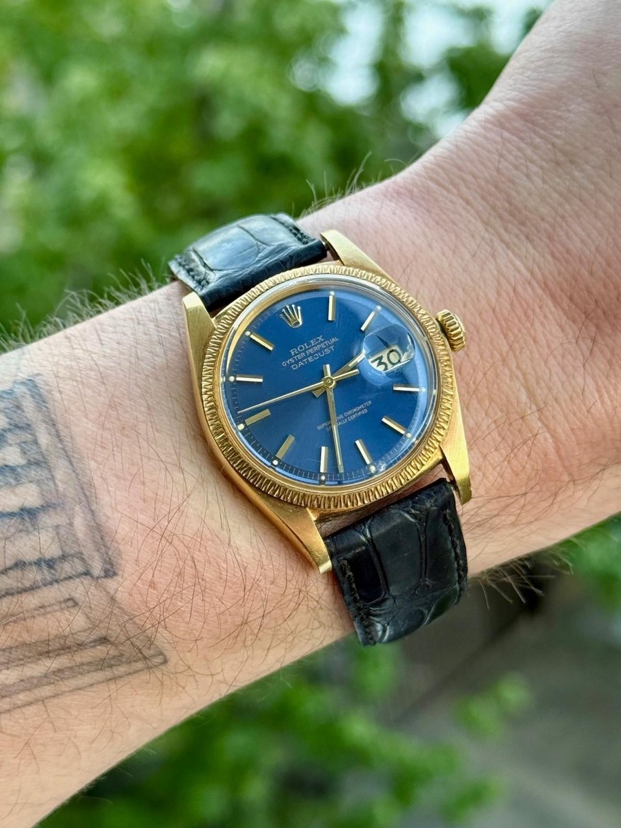 1973 Rolex Datejust Bark 1607 Yellow Gold Blue Dial 36mm