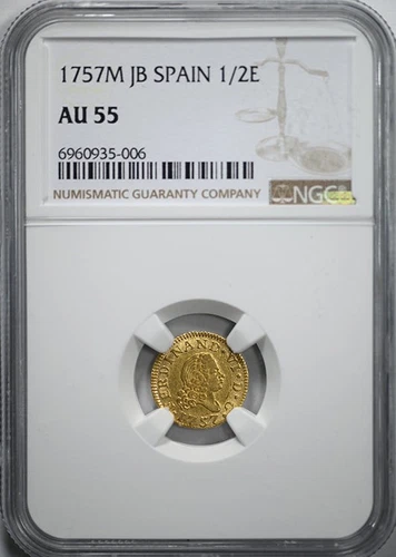 1757 M JB Spain Gold 1/2E Escudo NGC AU55