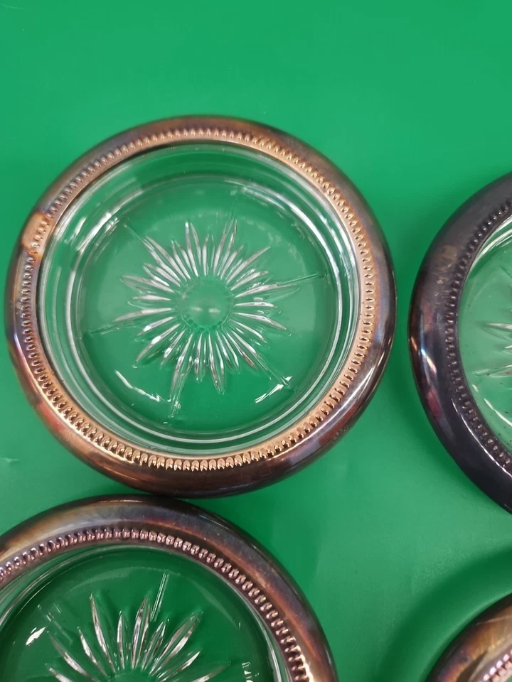 Vintage Italian Glass Starburst Coasters Silver Plate Beaded Rims set 4 Wine - Image 2 of 4