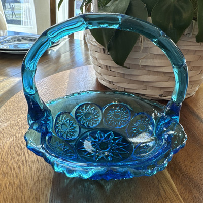 Fenton? Basket Anchor Hocking? Cut Glass Vivid Blue 5  Basket with Handle EUC