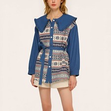 NWT Cider Womens Southwestern Aztec Fair Isle Peter Pan Collar Denim Tunic Dress