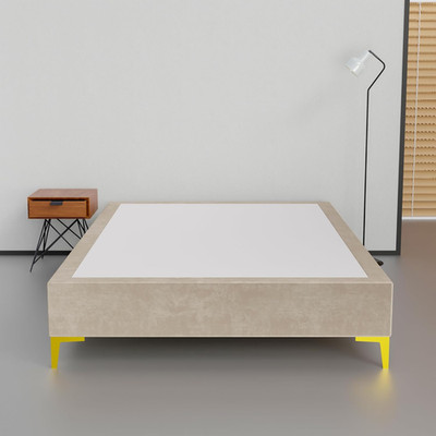15'' Velvet Wood Platform Bed, Queen, No Box Spring, Gold Legs, Beige