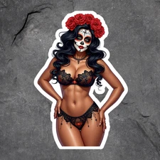 Pinup girl sticker vinyl decal dia de los muertos sugar skull girl sexy lingerie