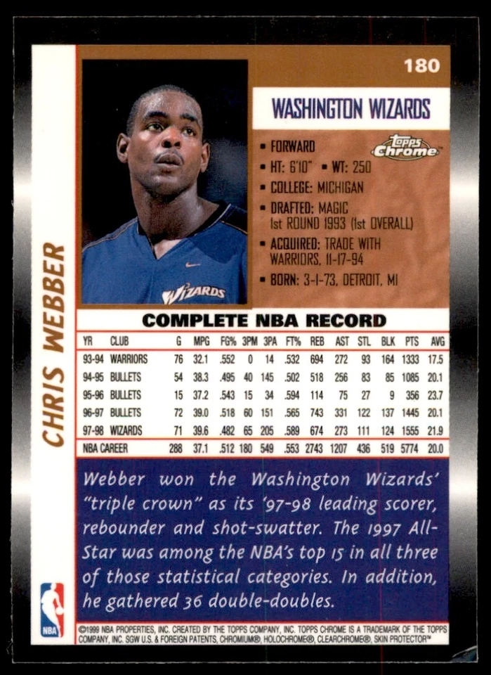 1999-00 Topps Chrome Chris Webber Basketball Cards #180 - Image 2 of 2