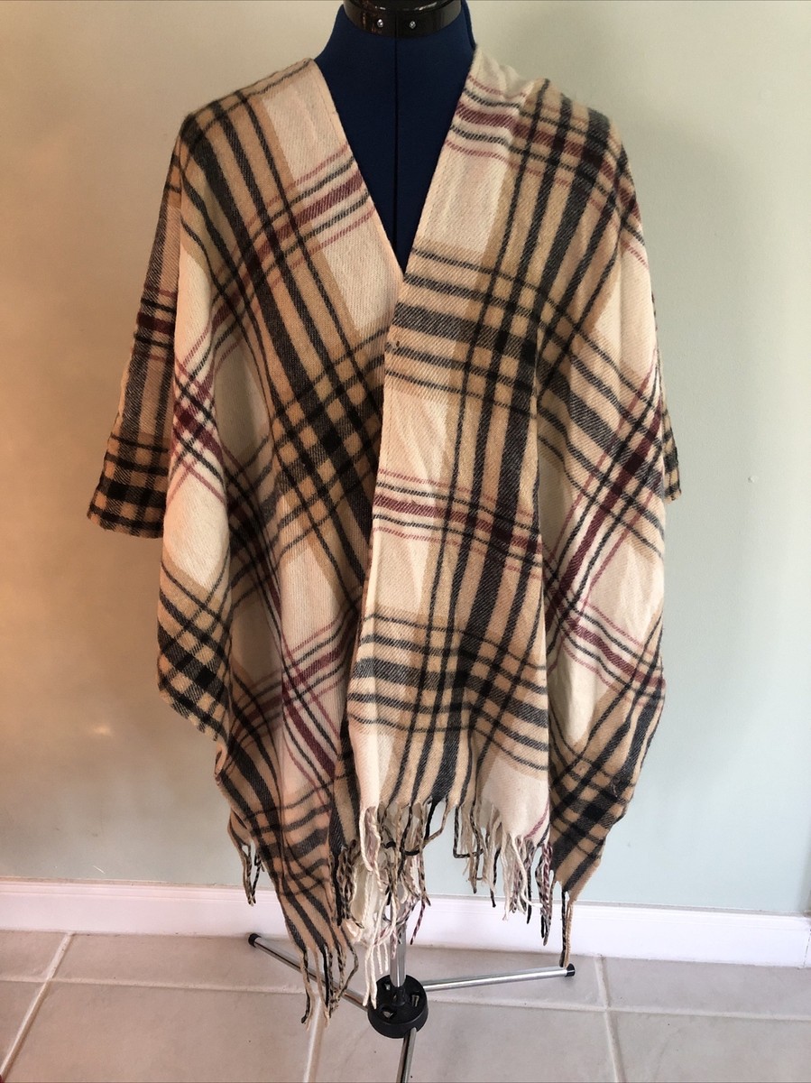 Woolrich Women's O/S One Sz Blanket Coat Wrap Shawl Cape Poncho Cream Red  Black