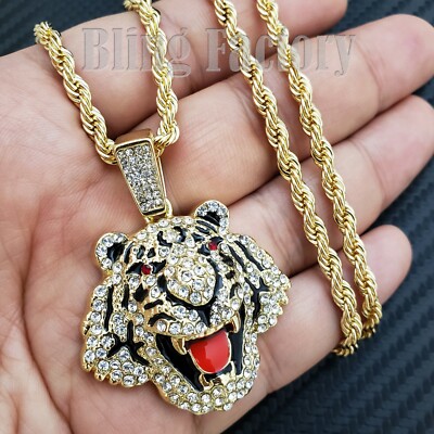 Hip Hop Cubic Zirconia Gold Plated Alloy Tiger Pendant & 24