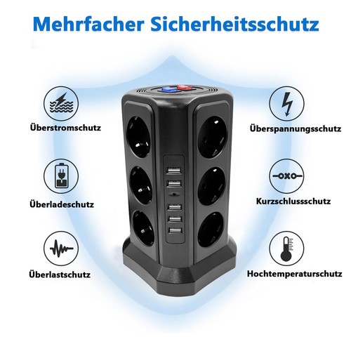 12 Fach Steckdosenleiste Tower 5 USB EU Mehrfachsteckdose Überspannungsschutz - Bild 3 von 10