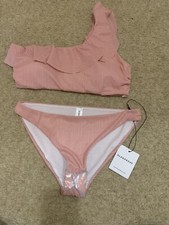Glamorous Womens Light Pink Ruffle One-shoulder Two-piece Bikini Set Size Large