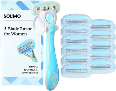 Solimo 5-Blade Razor for Women, Handle, 12 Cartridges  Shower Hanger Combo 1