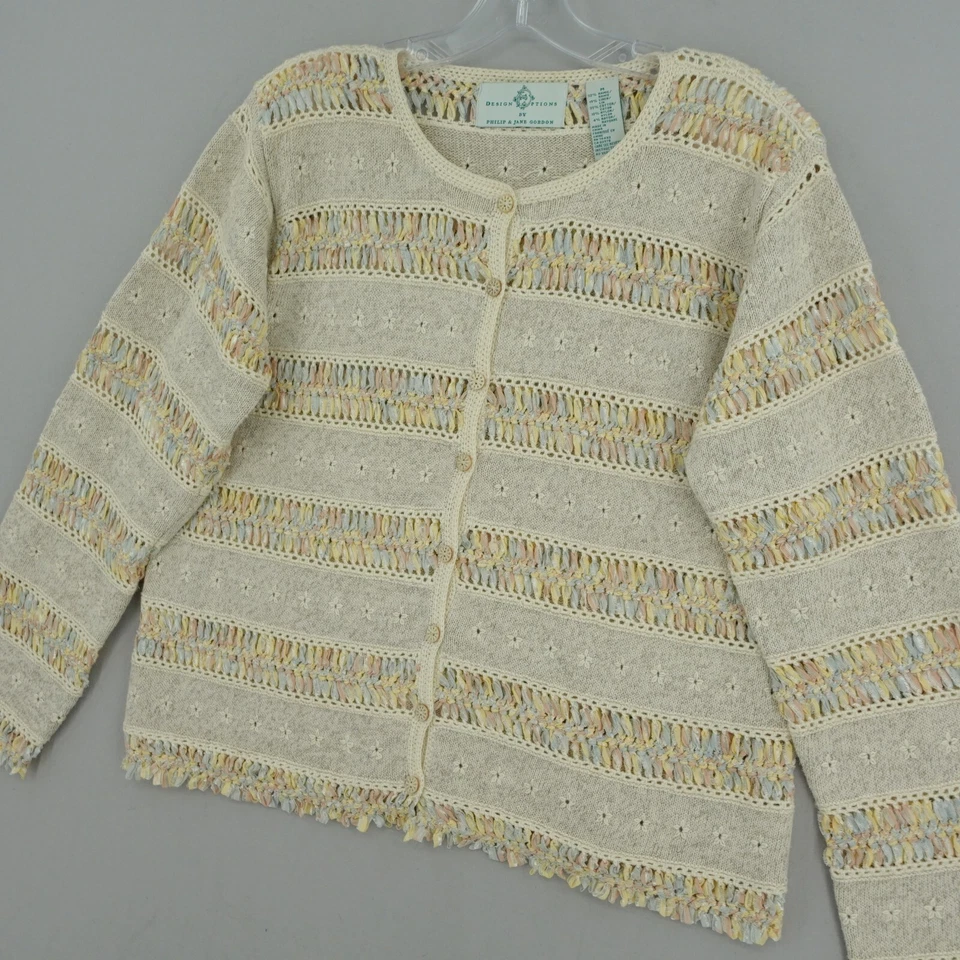 Opciones de Diseño Philip Jane Cárdigan Suéter M Beige Cinta Tejido Floral Abuela Foto 3 de 4