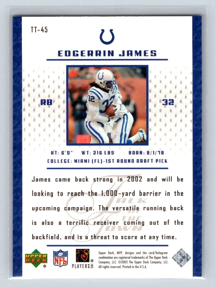 Edgerrin James 2003 Upper Deck MVP #TT-45 Talk of the Town Colts 2-5 - Image 2 of 2