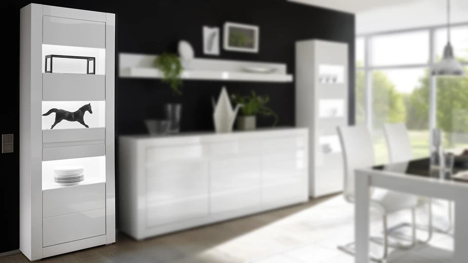 Vitrine Carat Standvitrine Glasvitrine Schrank in weiß Hochglanz und Beton grau