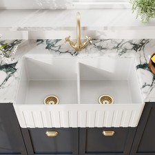 Nuie Farmhouse Apron Front Kitchen Sink Stepped Weir, Double Bowl 33x18x10"