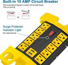 Heavy Duty Power Strip with USB Ports Garage 10 Outlets Surge Protector 15 FT