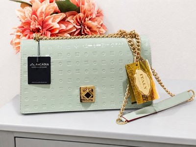 Arcadia Italian Frosted Green Patent Embossed Satchel Gold Chain & Red Trim