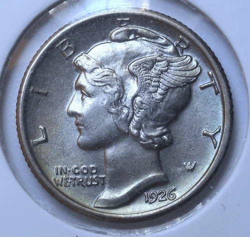 1926 . Mercury Dime . Choice BU . MS . Silver Coin . Nearly Full Bands