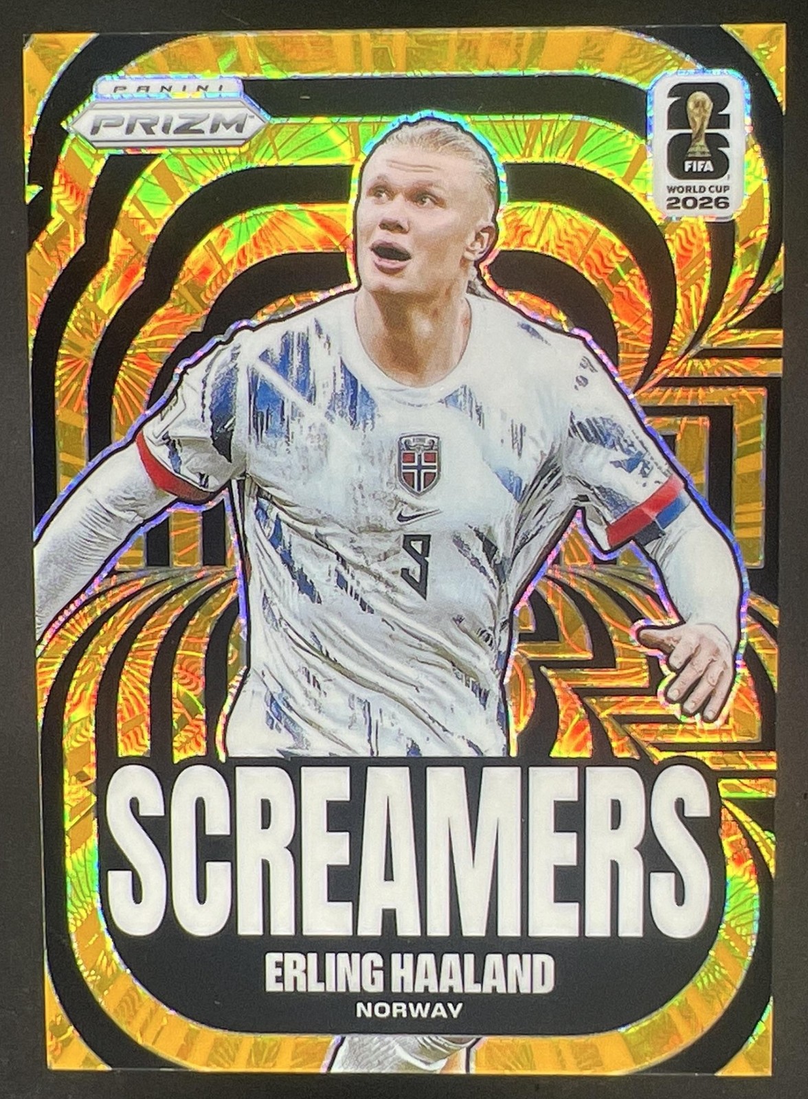2026 Panini Prizm World Cup Erling Haaland Screamers Gold Celestial Lattice #/10