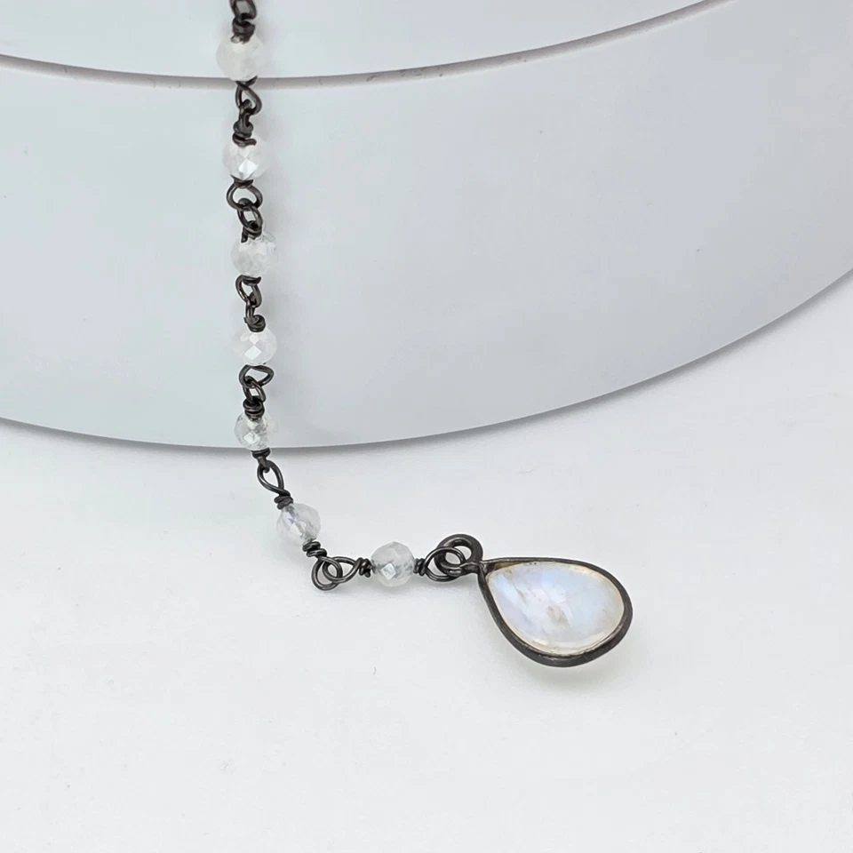 Collar Y Piedra Lunar Genuina De Colección Plata Esterlina 925 Doble Hilo Y Gota 14" Foto 4 de 4