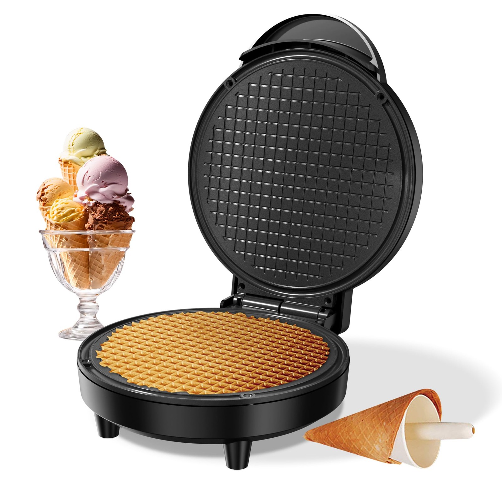 , 750w Thin Waffle Maker (ice Cream Cone) With Shaper Roller