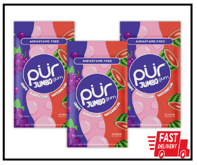 PUR Chewing Gum Natural Bubblegum, Grap, Watermelon Flavor, 20 Pieces (Pack of3)