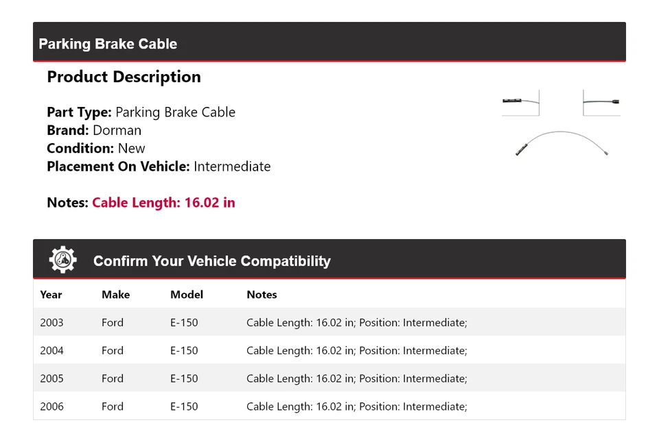 Cable de freno de estacionamiento intermedio 2004 2005 para Ford E-150 Dorman 2003-2006 Foto 2 de 4