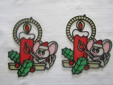 Vtg Lot of 2 Plastic Stained Glass Suncatchers Xmas Mouse lighting a Candle 11"
