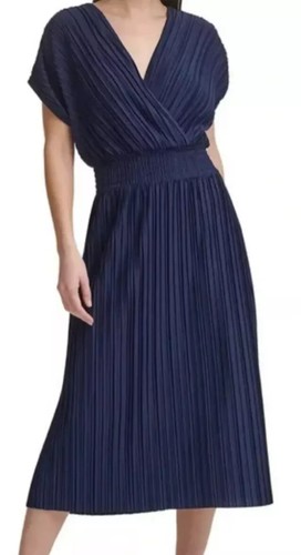 DKNY Pleated V-neck Smocked Waist Midi Dress Dark Blue Color Polyester Size 8-10